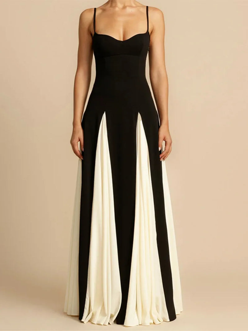 Elegant Patchwork Spaghetti Strap Long Dress for Women Fashion Sleeveless Backless Sexy Evening Maxi Dress Fashion