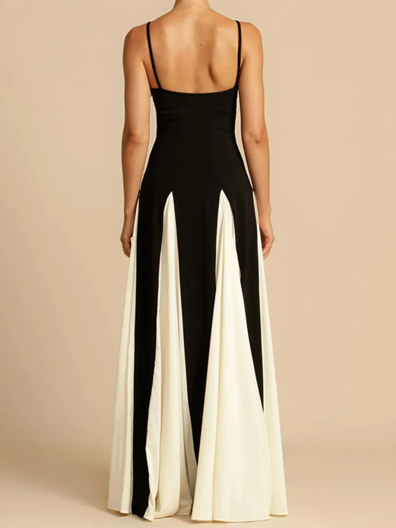 Elegant Patchwork Spaghetti Strap Long Dress for Women Fashion Sleeveless Backless Sexy Evening Maxi Dress Fashion