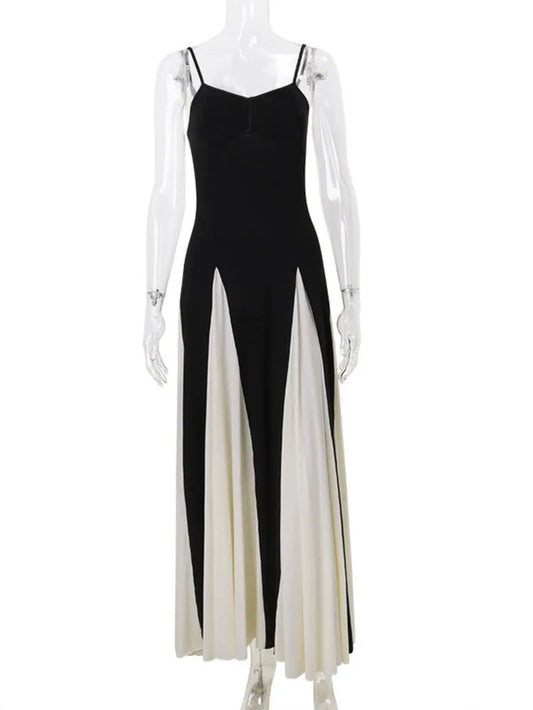 Elegant Patchwork Spaghetti Strap Long Dress for Women Fashion Sleeveless Backless Sexy Evening Maxi Dress Fashion