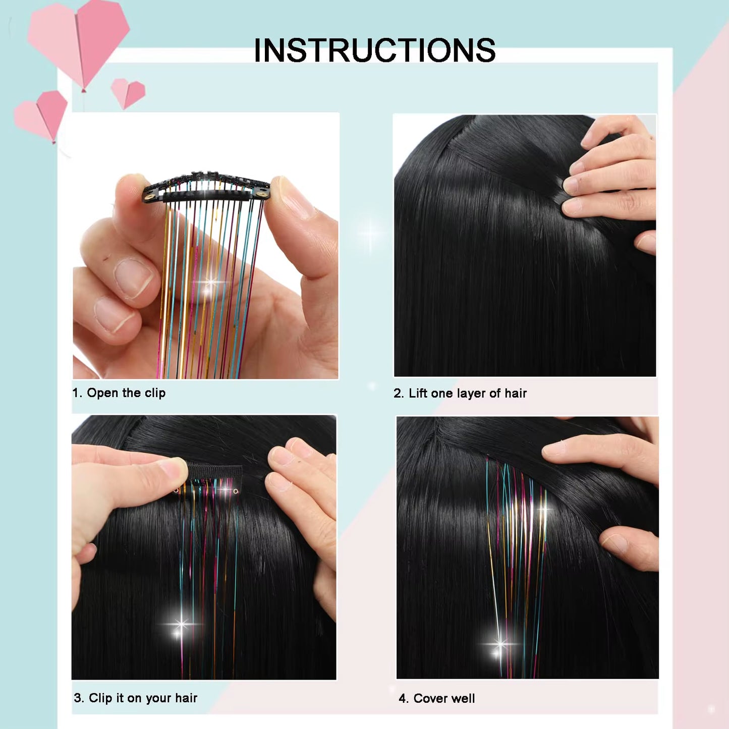 6Pcs Hair Tinsel Clip in 23.6Inch Glitter Synthetic Tinsel Hair Clip in Hair Tinsel Kit Heat Resistant Shiny Sparkle Fairy Hair