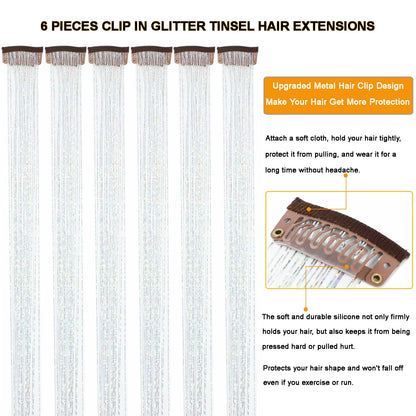 6Pcs Hair Tinsel Clip in 23.6Inch Glitter Synthetic Tinsel Hair Clip in Hair Tinsel Kit Heat Resistant Shiny Sparkle Fairy Hair