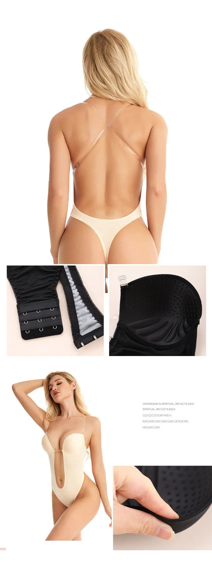 Invisible Bodysuit Women Thong Shaper Body Shapewear Sexy Deep V-Neck Backless Corset Plunge Padded Push up Slimming Underwear