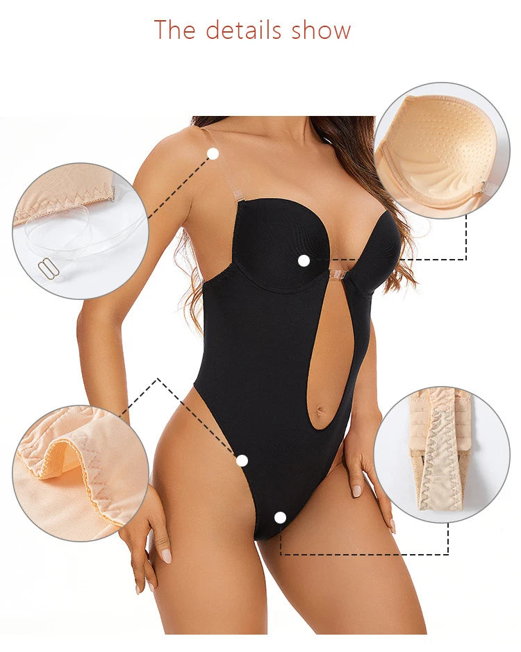 Invisible Bodysuit Women Thong Shaper Body Shapewear Sexy Deep V-Neck Backless Corset Plunge Padded Push up Slimming Underwear