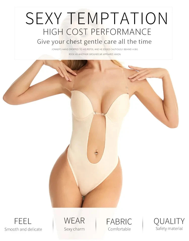 Invisible Bodysuit Women Thong Shaper Body Shapewear Sexy Deep V-Neck Backless Corset Plunge Padded Push up Slimming Underwear