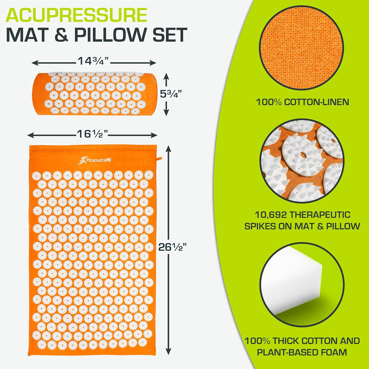 fit Acupressure Mat and Pillow Set for Back/Neck Pain Relief and Muscle Relaxation, Orange
