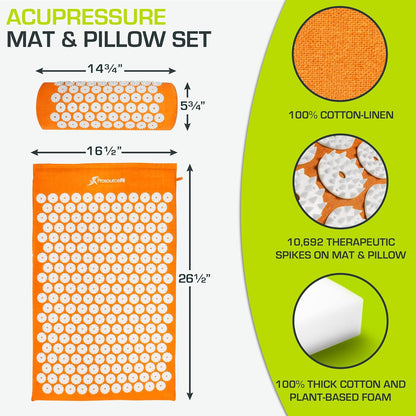fit Acupressure Mat and Pillow Set for Back/Neck Pain Relief and Muscle Relaxation, Orange
