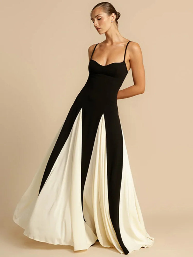 Elegant Patchwork Spaghetti Strap Long Dress for Women Fashion Sleeveless Backless Sexy Evening Maxi Dress Fashion